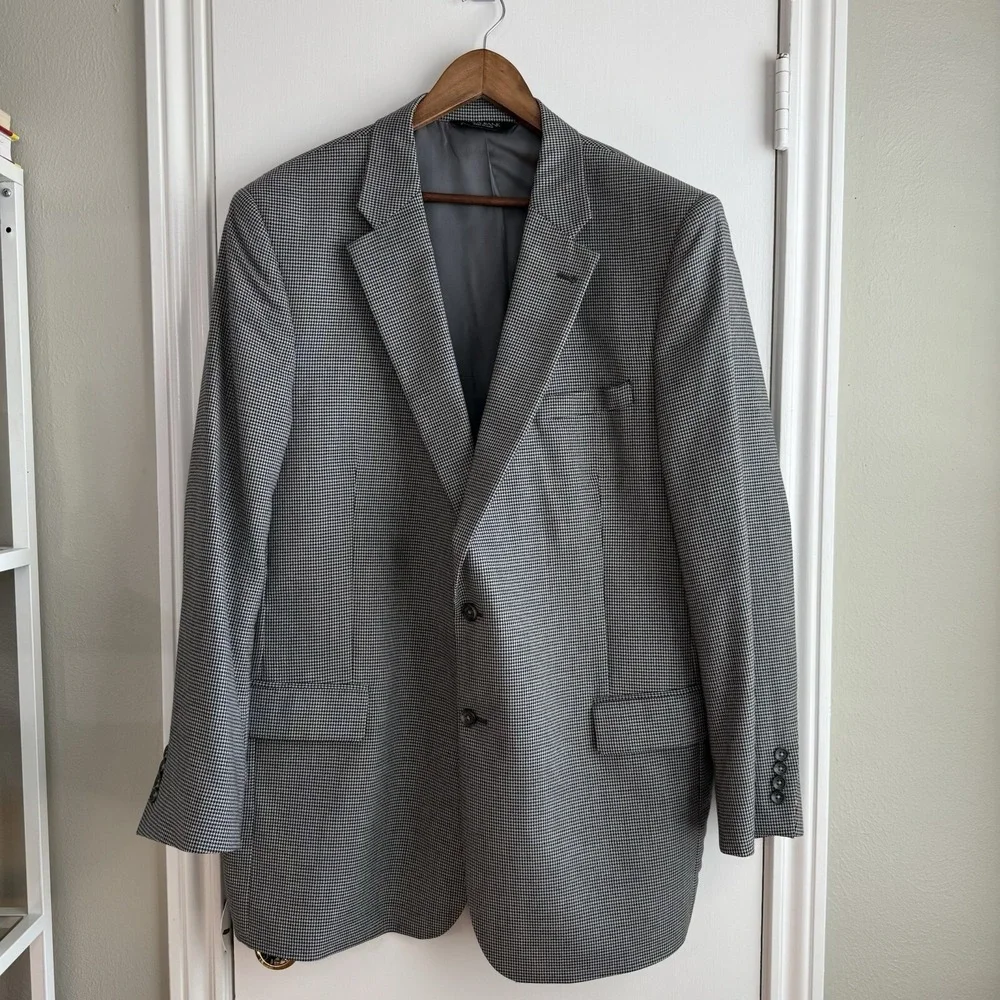Jos A Bank Men 48L Black White Houndstooth Wool‎ Blazer Sport Coat Two Button